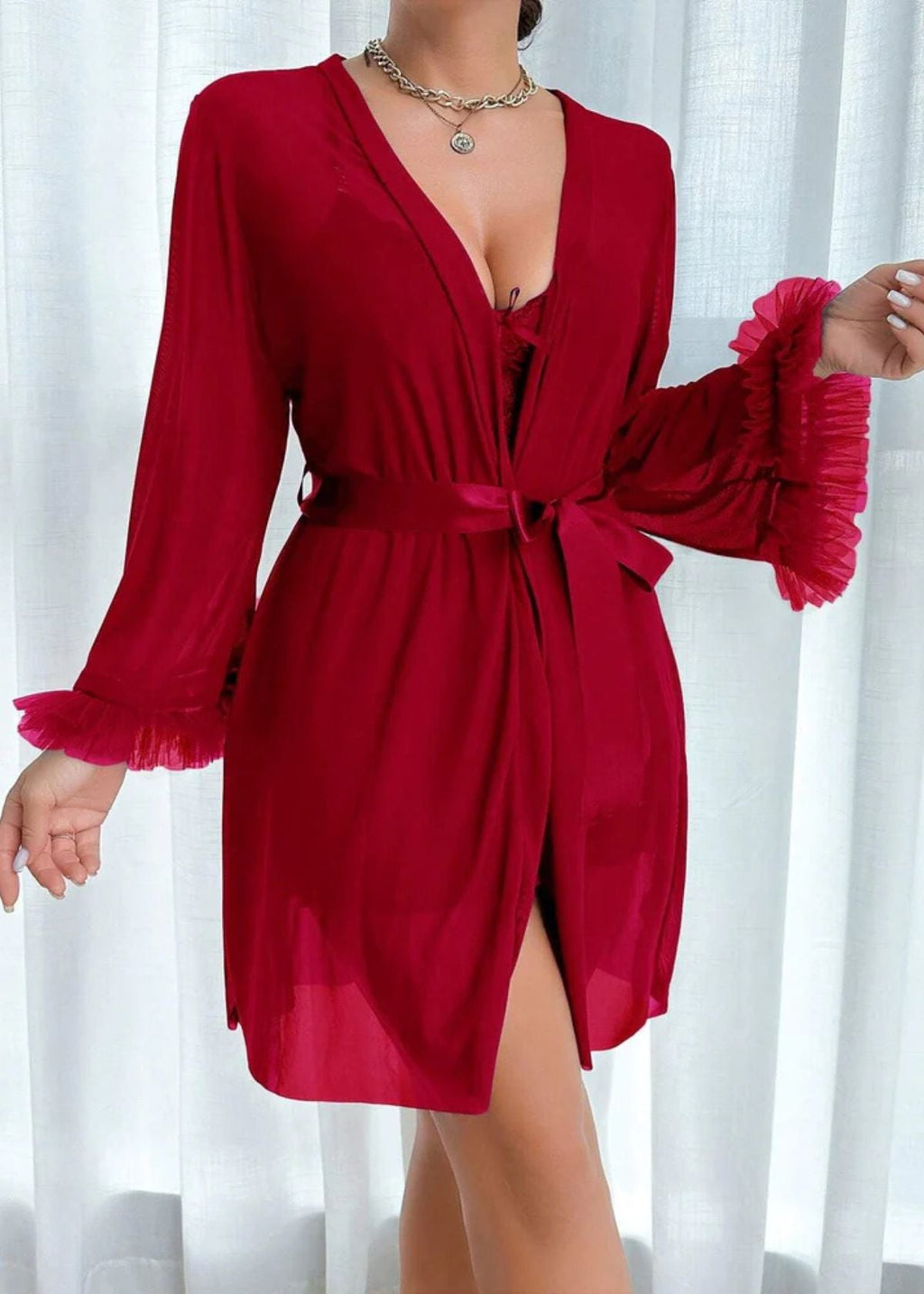 Lace Cami Nightgown & Floral Lace Trim Wide Sleeve Sheer Robe