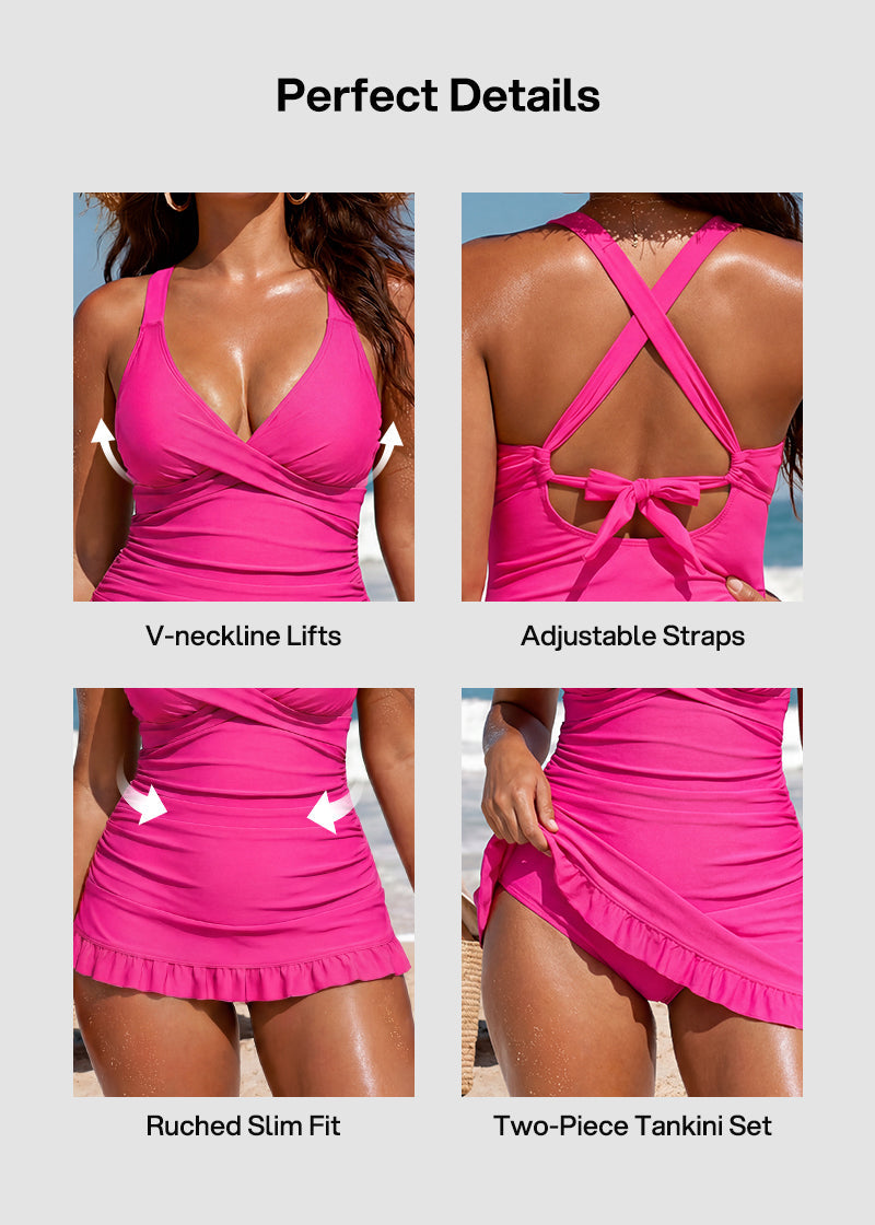 Deep V Cross-Back Ruched Two-Piece Swimsuit with Bikini Bottoms