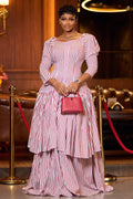 Square Neck Puff Sleeve Layered Ruffles Striped Maxi Dresses-Red