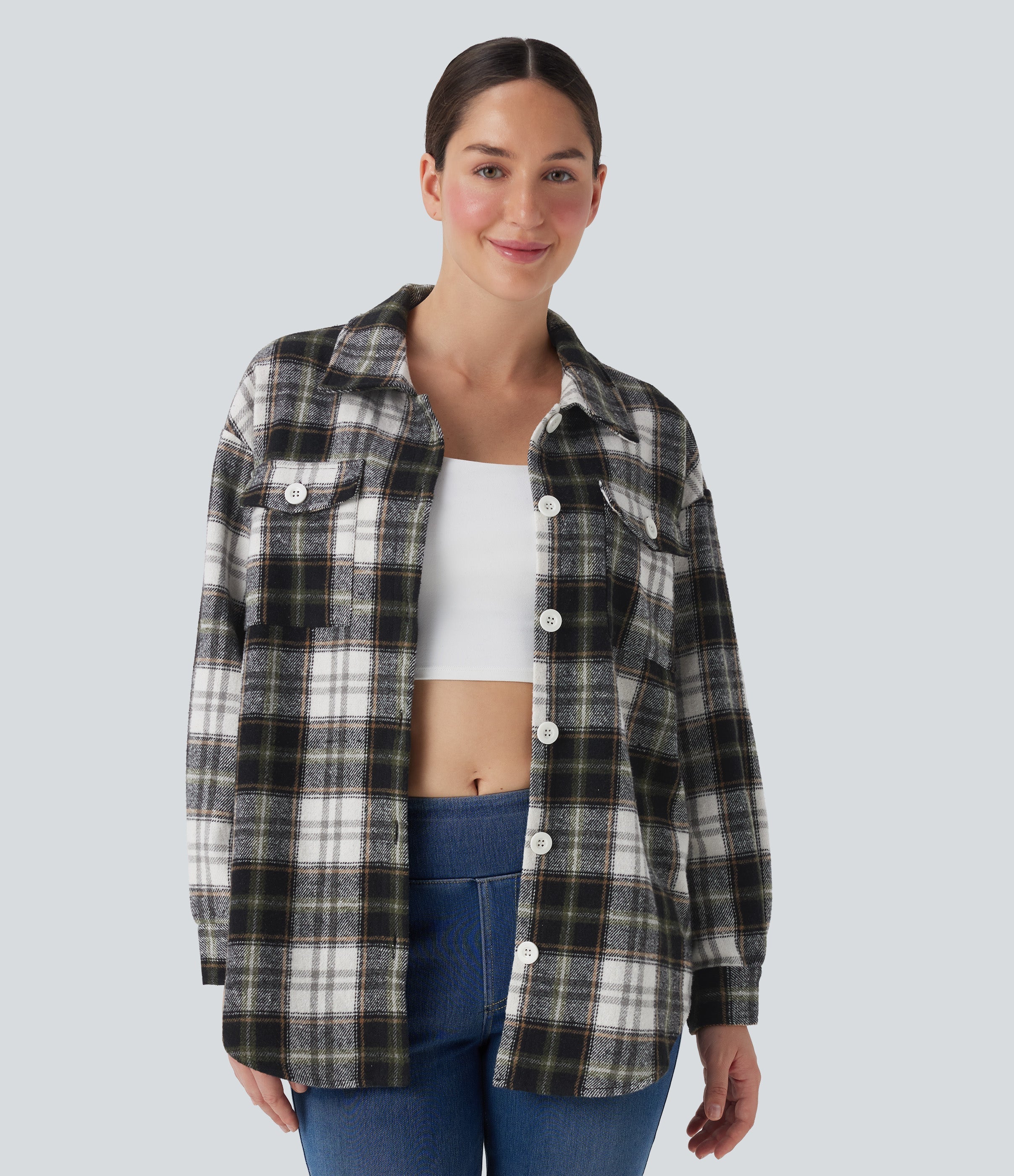 Plaid Curved Hem Casual Shirt Jacket with Flap Pockets