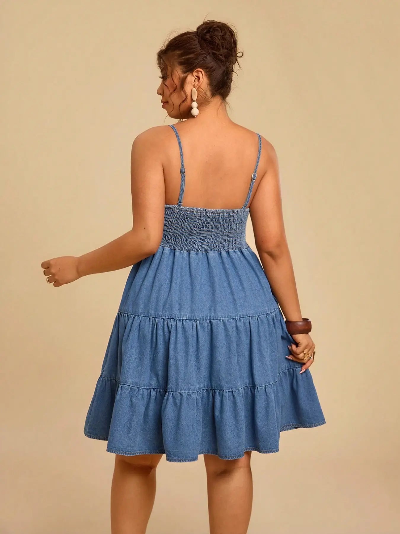 Women's Sweet Boho Style Plus Size Soft Denim Halter Dress, Thin Straps, Square Neck, Summer Floral Print, Fuzzy Denim Skirt