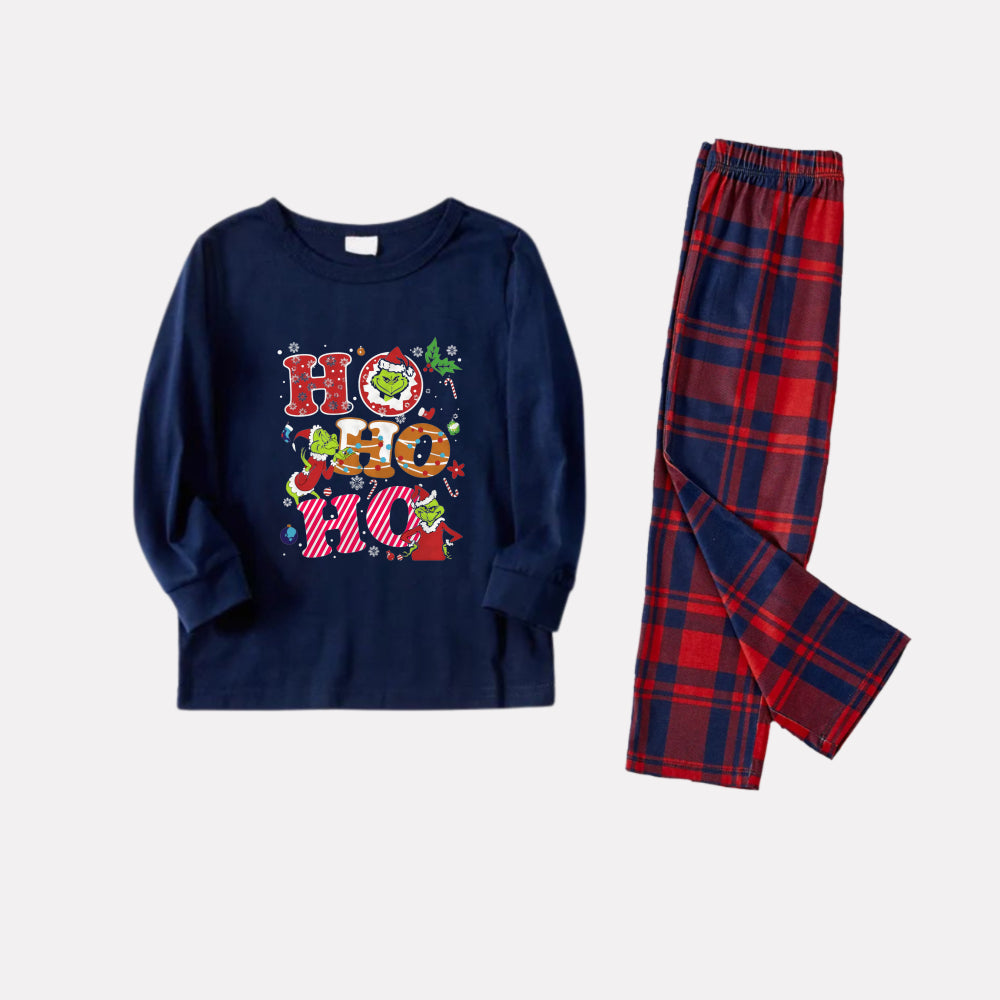 Christmas Family Matching Pajamas-Navy & Red Plaid Pjs Set with Grinch and "HO HO HO" Print