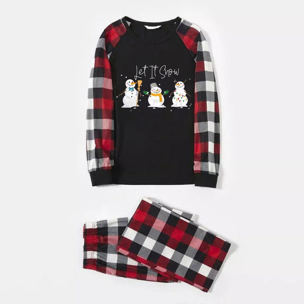 Christmas Family Matching Pajamas-Red and Gray Plaid Pjs set with "Let It Snow" and Christmas Snowman Pattern Colorful Print