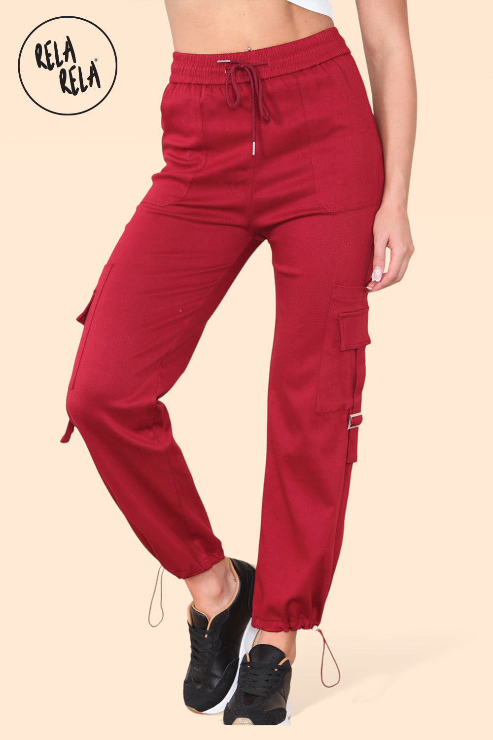 High Waisted Stretch Cuffed Cargo Pants with Pockets in Wine