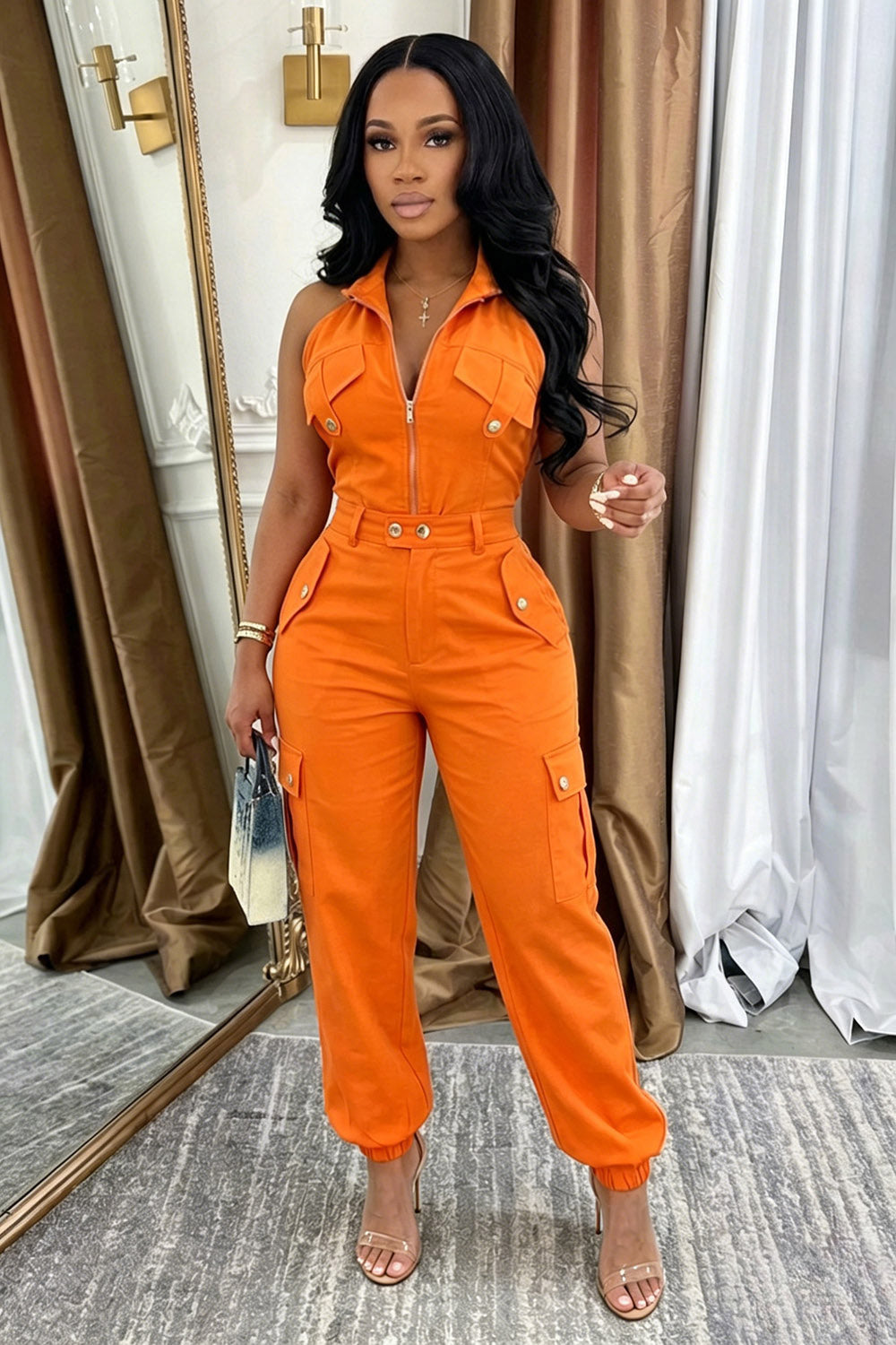 Cargo Stand-Up Collar Sleeveless Zipper Casual Jumpsuit-Orange