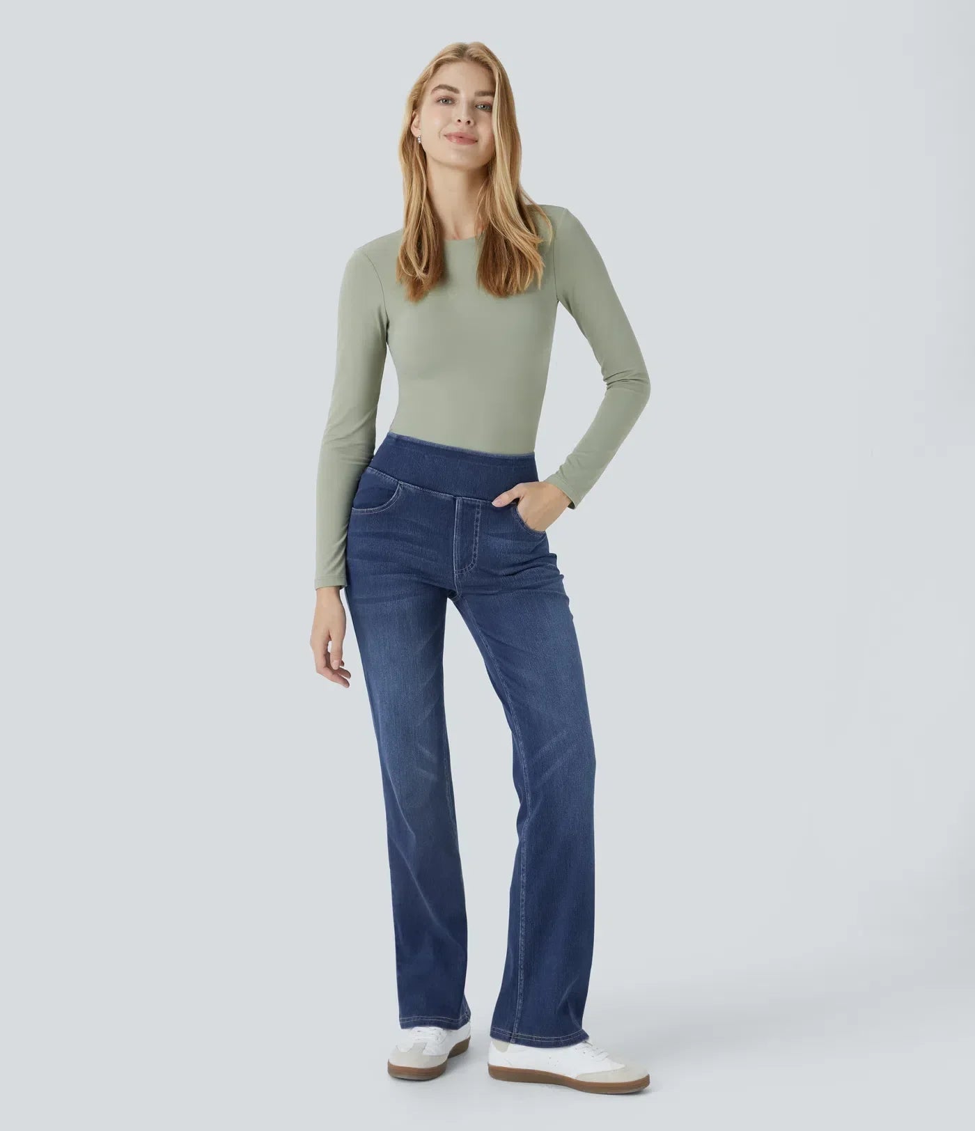 2026🔥FlexTM High Waisted Multiple Pockets Washed Stretchy Knit Casual Bootcut Jeans