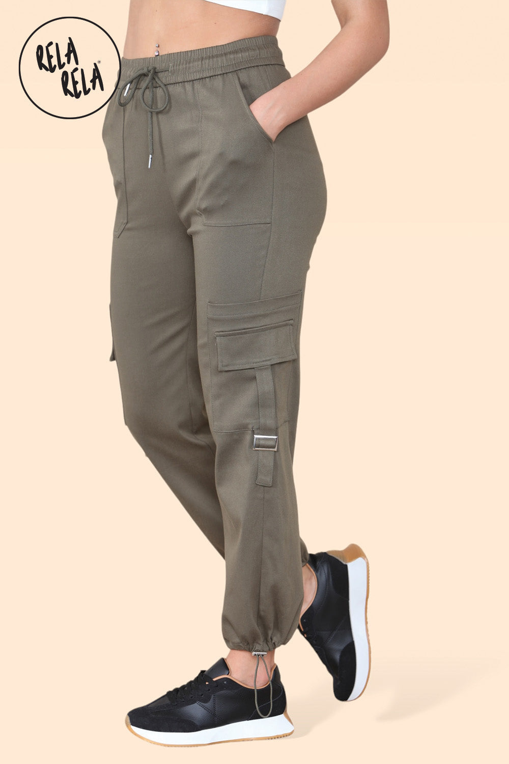 High Waisted Stretch Cuffed Cargo Pants with Pockets in Khaki