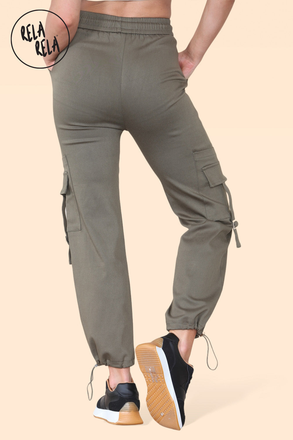 High Waisted Stretch Cuffed Cargo Pants with Pockets in Khaki