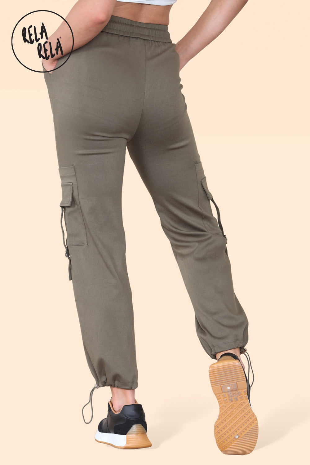 High Waisted Stretch Cuffed Cargo Pants with Pockets in Khaki