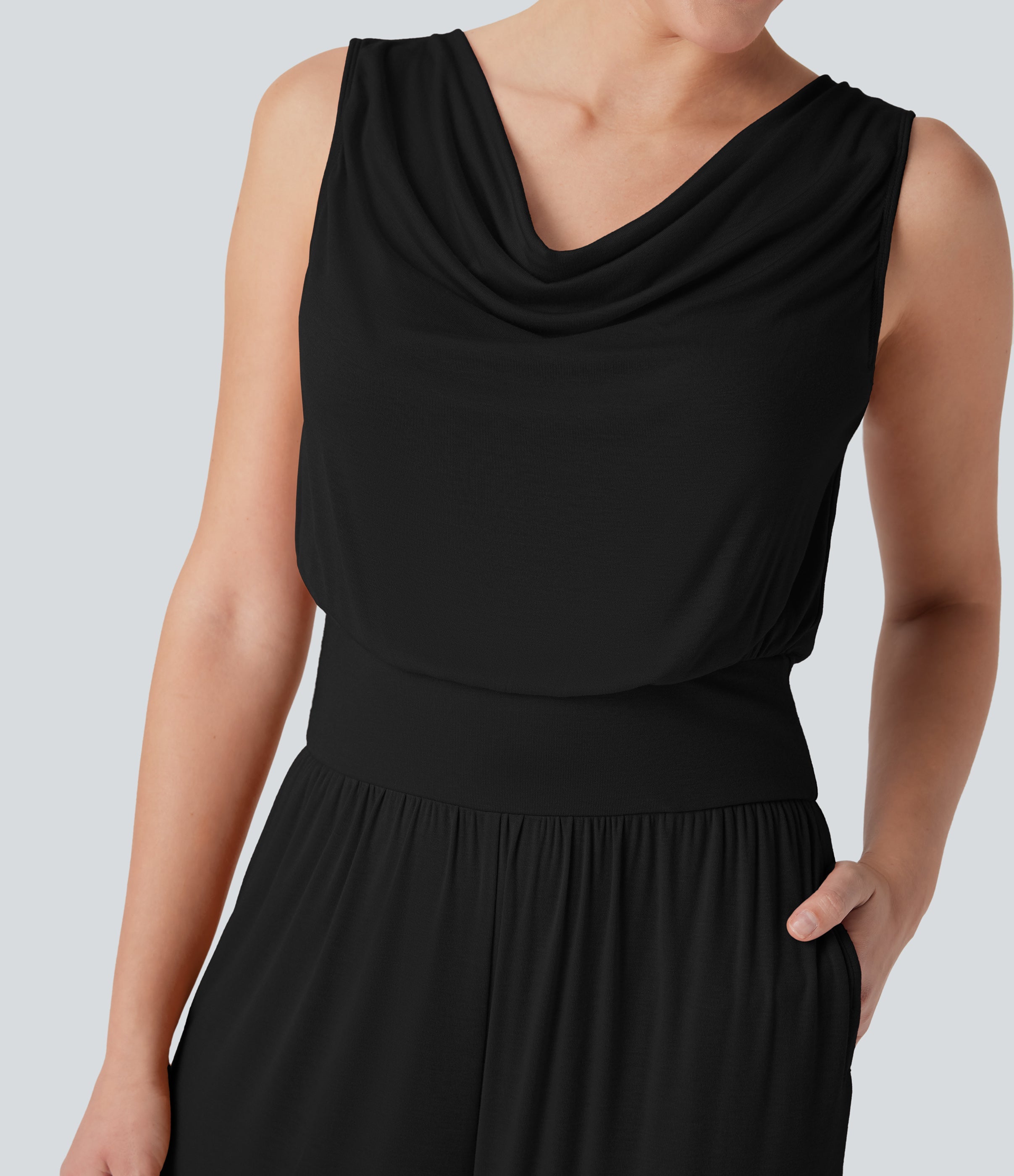Ribbed Cowl Neck Sleeveless Wide Leg Casual Jumpsuit with Pockets