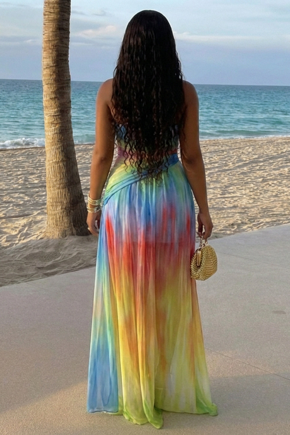 Strapless Ruched Slim Fit Mesh Vacation Maxi Dresses-Multicolor