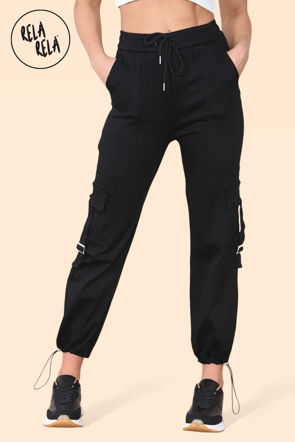 High Waisted Stretch Cuffed Cargo Pants with Pockets in Black