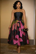 Strapless Cinch Waist Floral Print Bouffant Maxi Dresses-Black