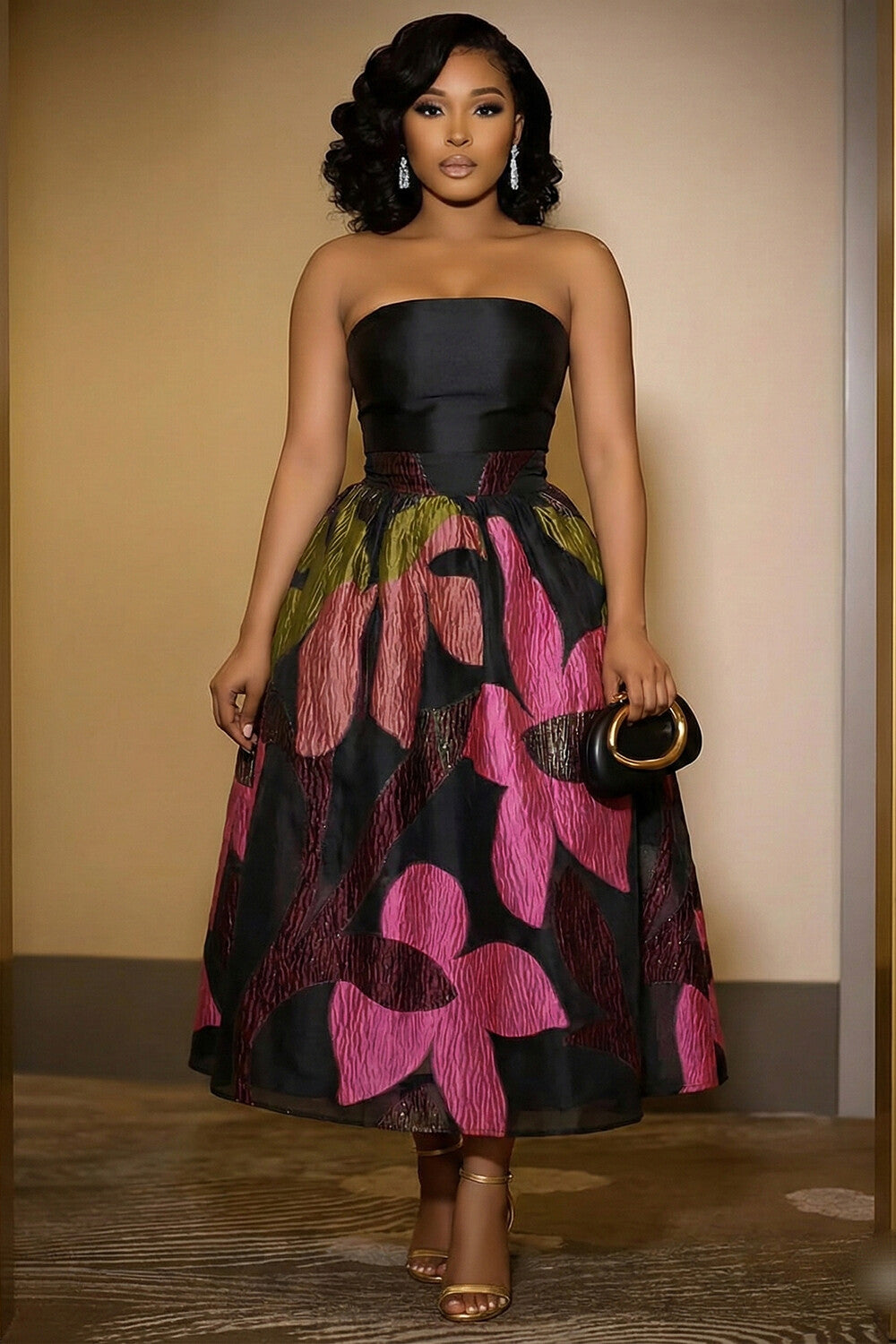 Strapless Cinch Waist Floral Print Bouffant Maxi Dresses-Black