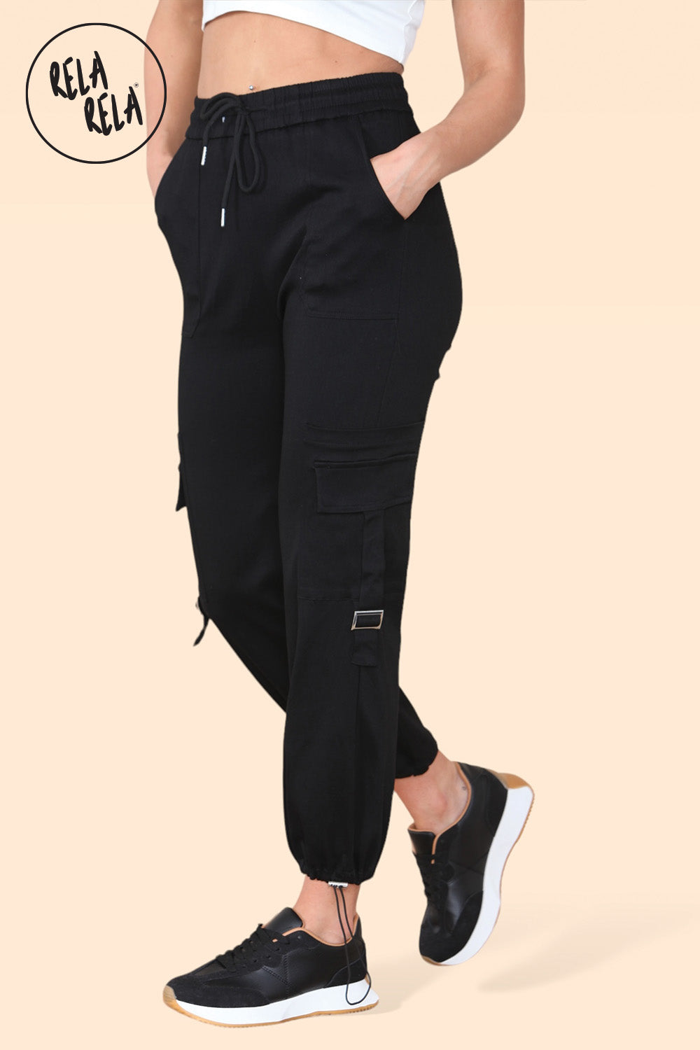 High Waisted Stretch Cuffed Cargo Pants with Pockets in Black
