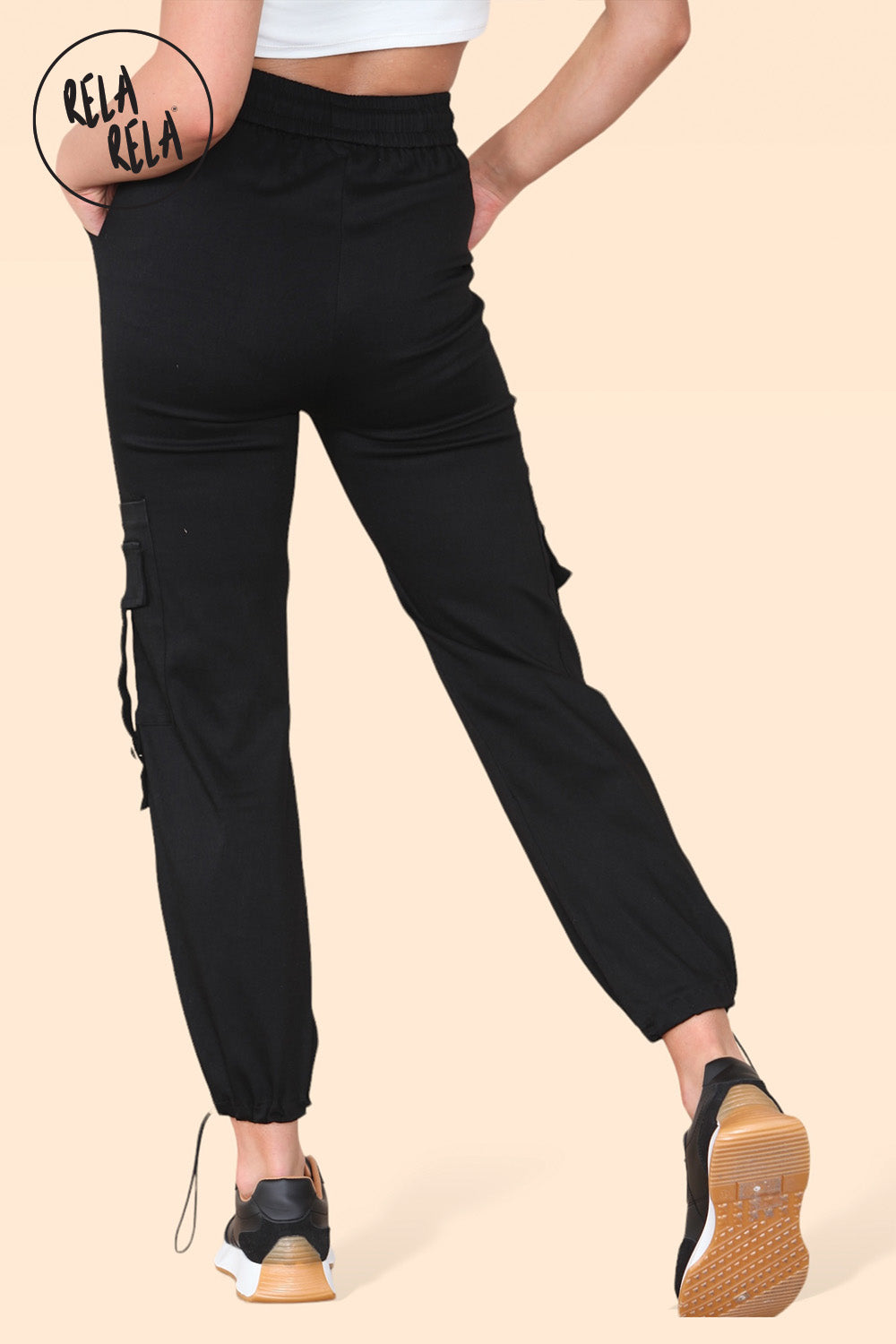 High Waisted Stretch Cuffed Cargo Pants with Pockets in Black