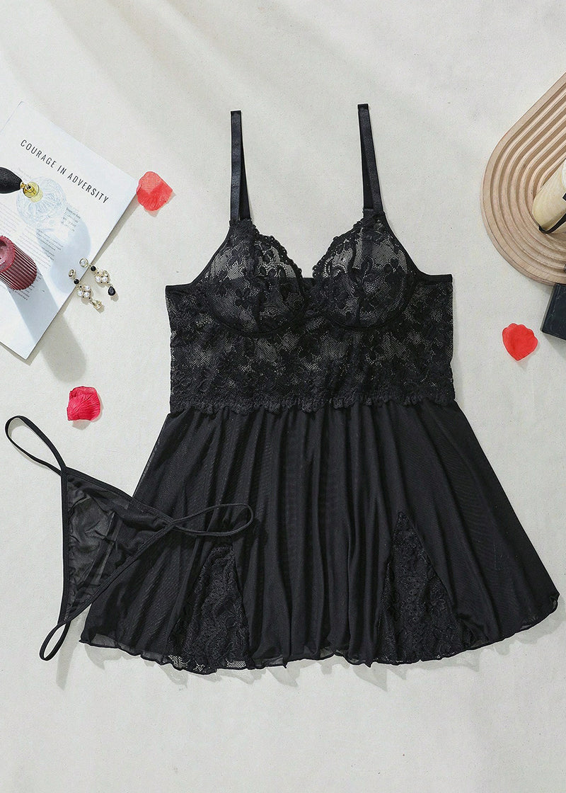 Sexy Plus Size Lace & Mesh Slit Slip Dress with G-String
