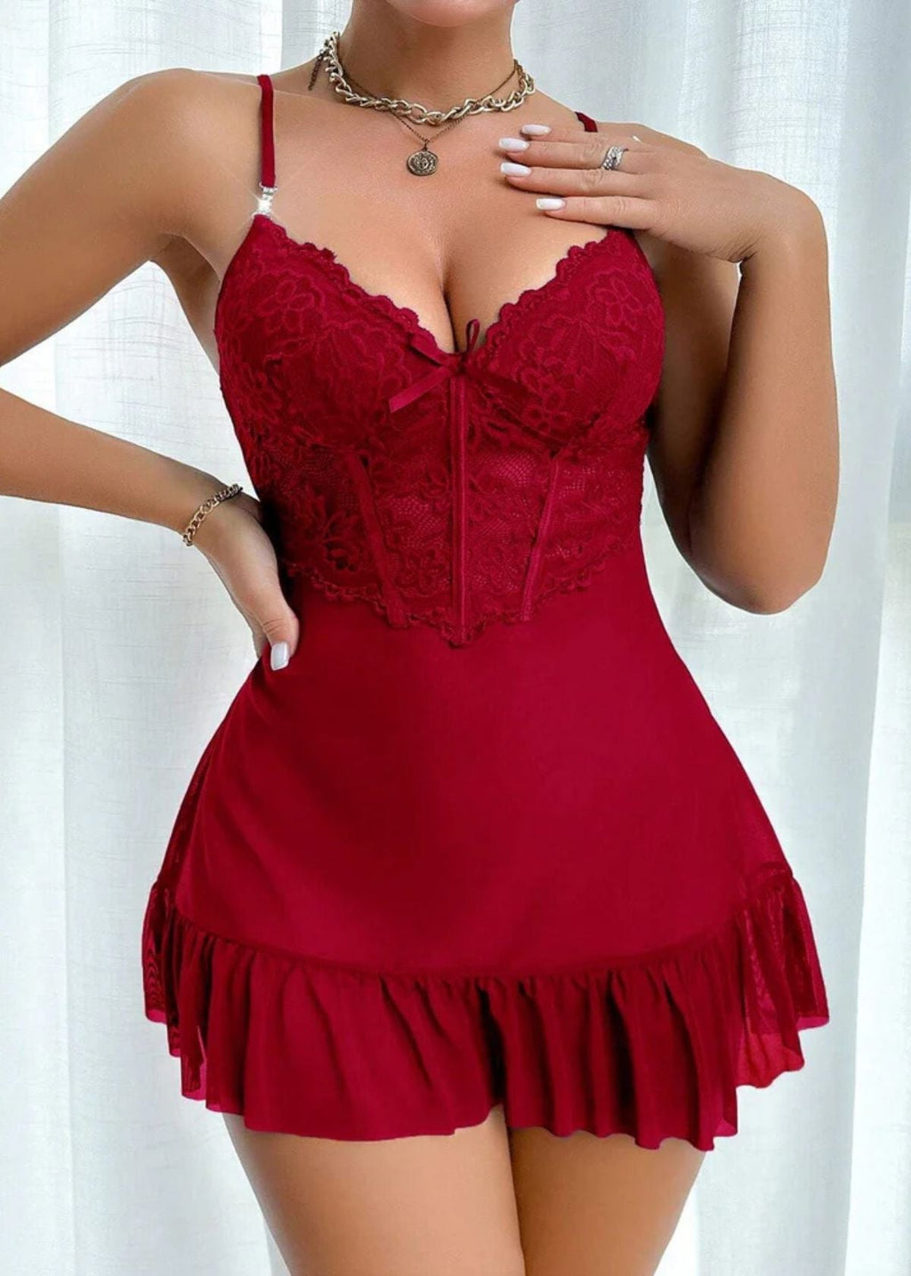 Lace Cami Nightgown & Floral Lace Trim Wide Sleeve Sheer Robe