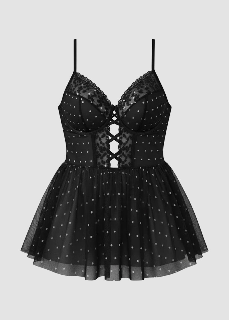 Sexy Plus Size Sheer Lace & Mesh Polka Dot Nightie