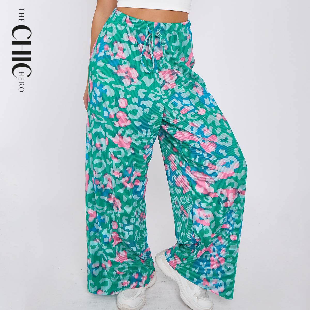 Green Print Abstract Wide-Leg Drawstring Palazzo Pleated Pants