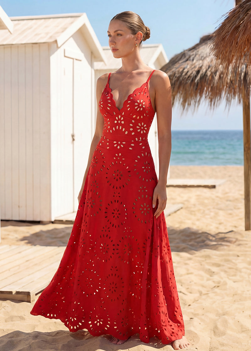 Floral Laser-Cut Hollow One-Piece Swimsuit with Skirt