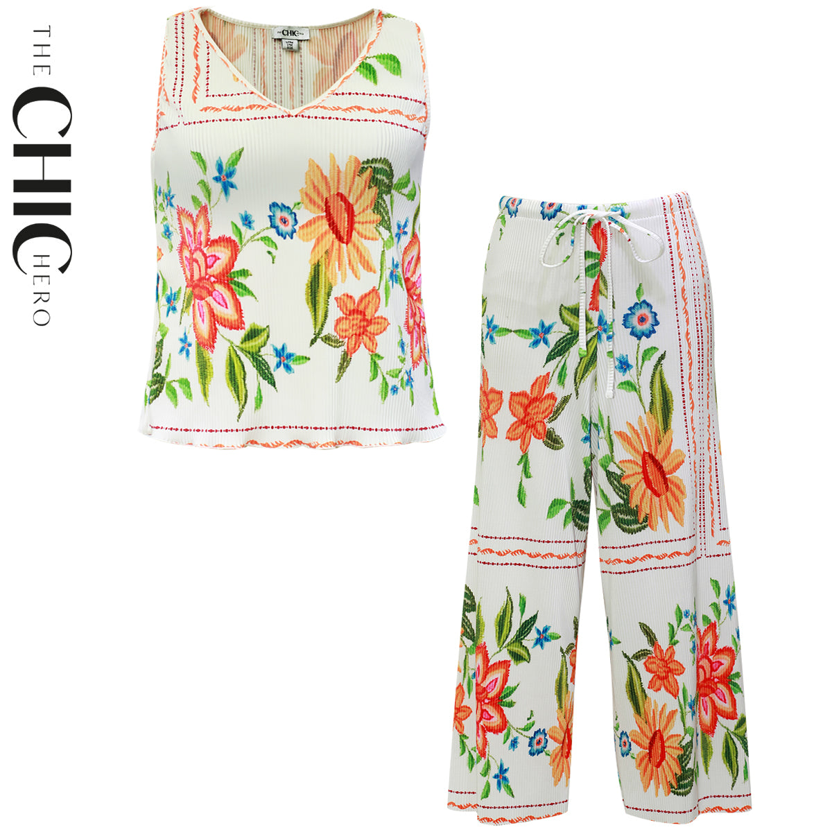 Colorful Floral Embroidery Vest Top & Pleated Pants