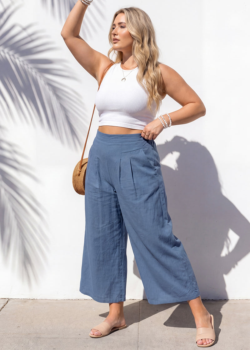 Cotton Linen Wide-Leg Culotte Pants