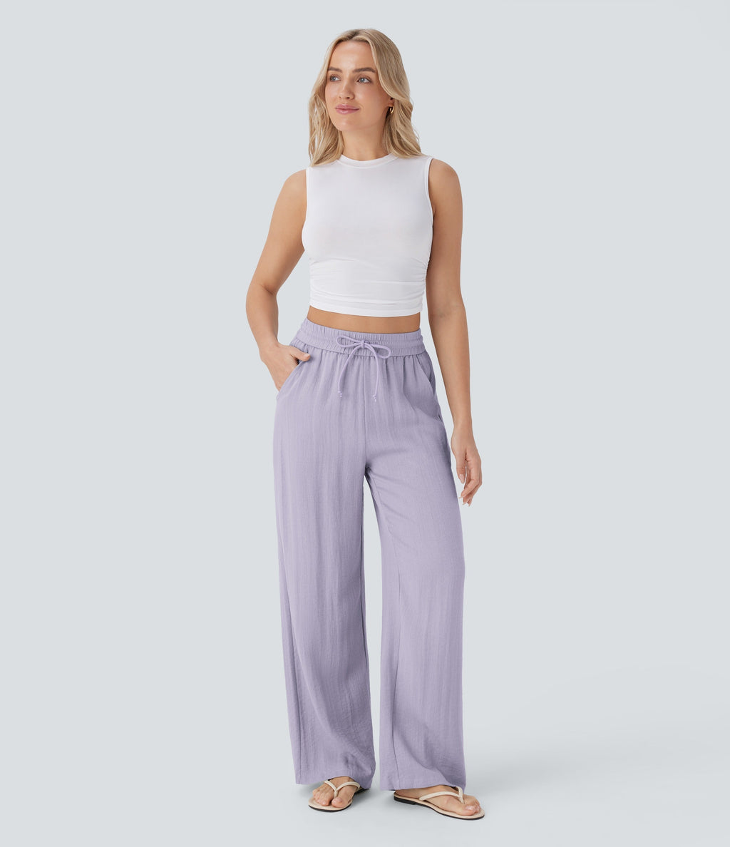 2026🔥 High Waisted Drawstring Pocket Wide Leg Casual Linen-Feel Pants