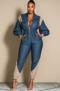 Bishop Sleeve Contrast Denim Zip-Up Tapered Leg Jumpsuit-Blue