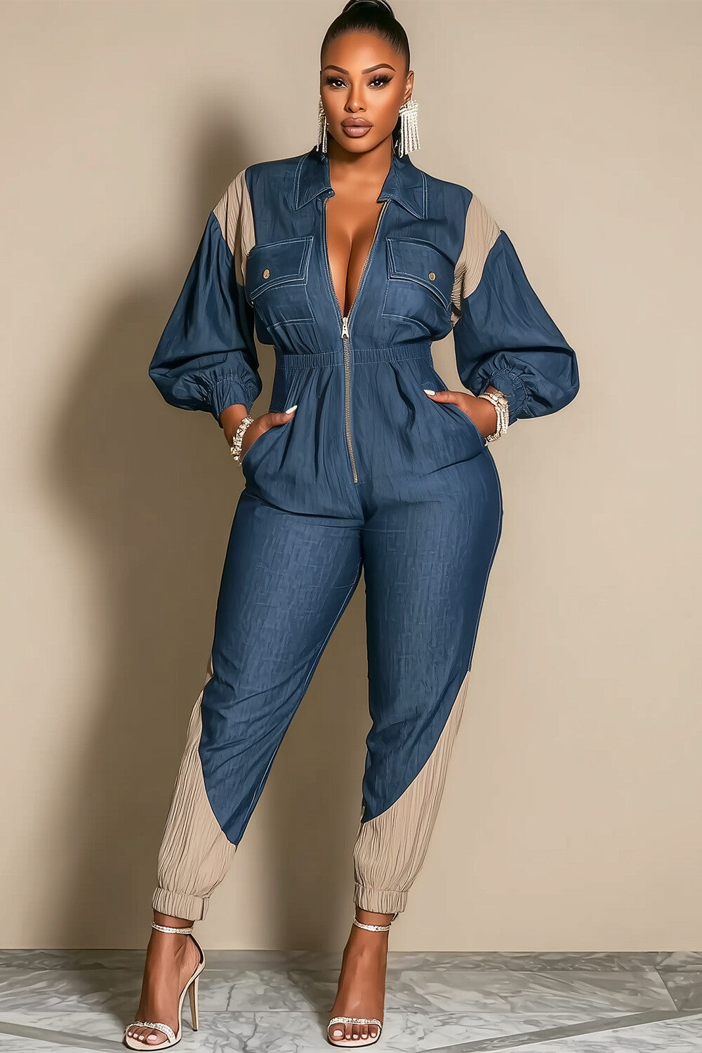 Bishop Sleeve Contrast Denim Zip-Up Tapered Leg Jumpsuit-Blue