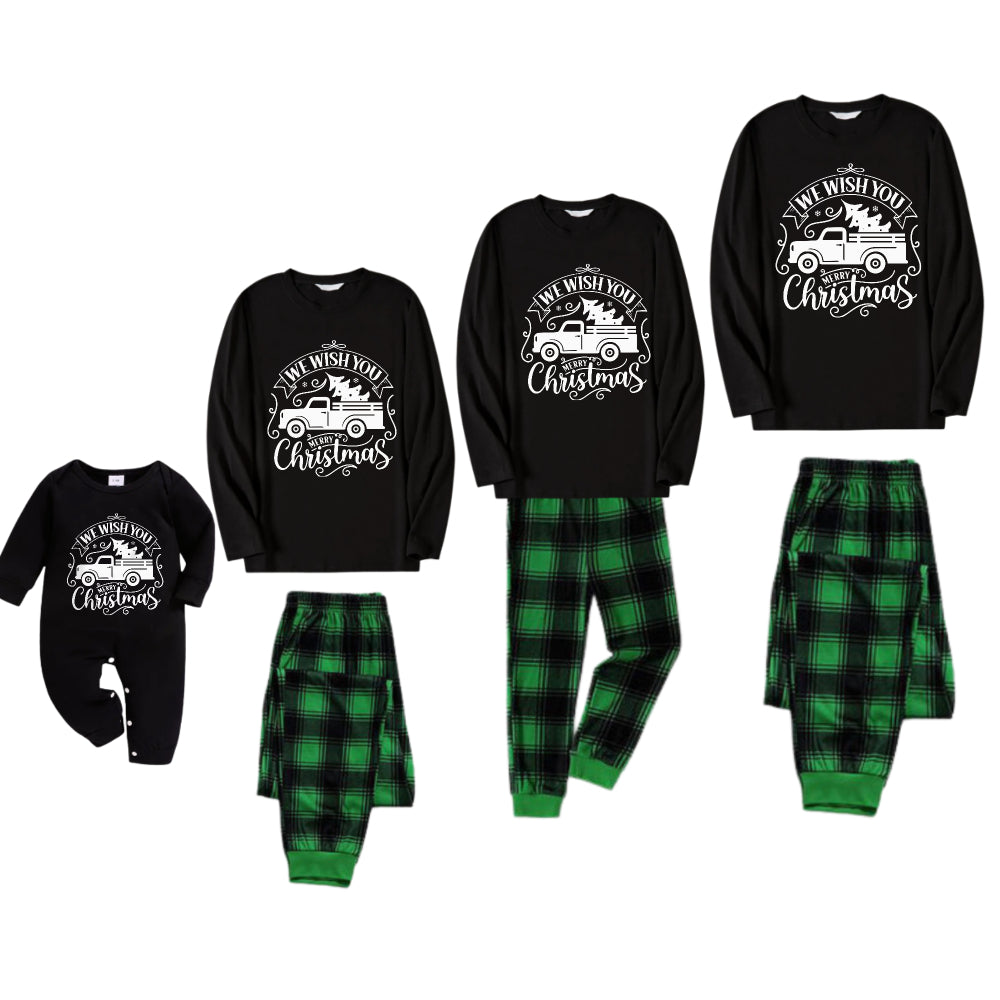 Christmas Family Matching Pajamas-Black Top and Green Plaid Pants Pjs Set with "We Wish You A Merry Christmas" and Christmas Car Pattern Print