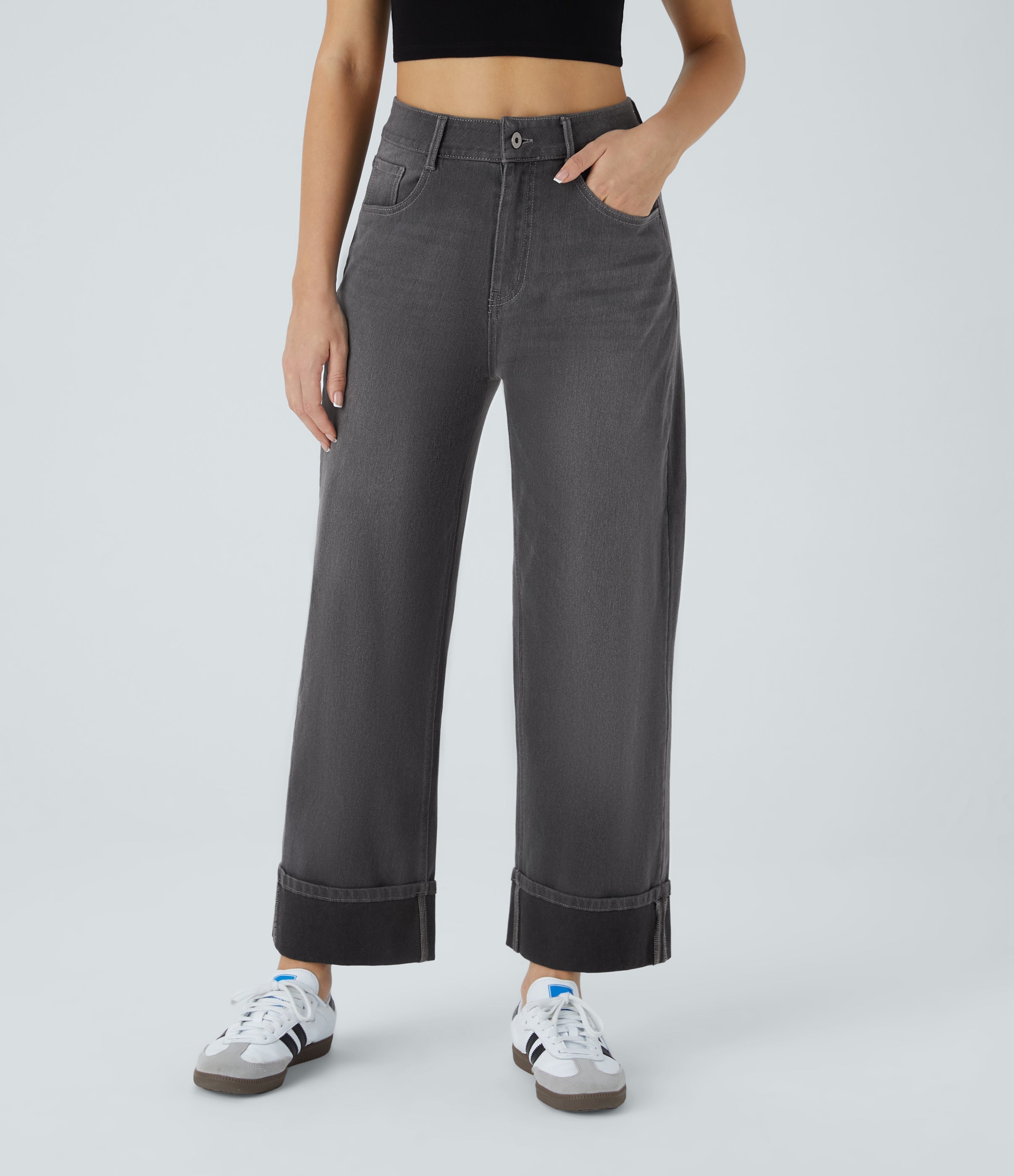 FlexTM High Waisted Multiple Pockets Rolled Hem Wide Leg Washed Stretchy Knit Casual Jeans