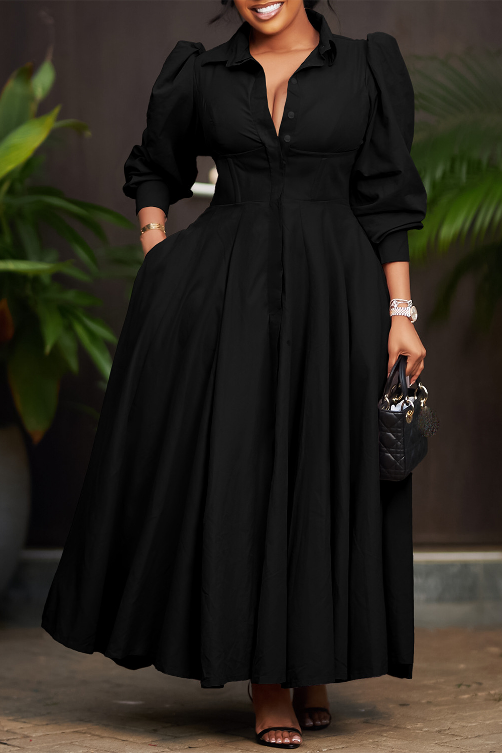 Turndown Collar Long Sleeve Cinch Waist Solid Color Maxi Shirt Dresses-Pink
