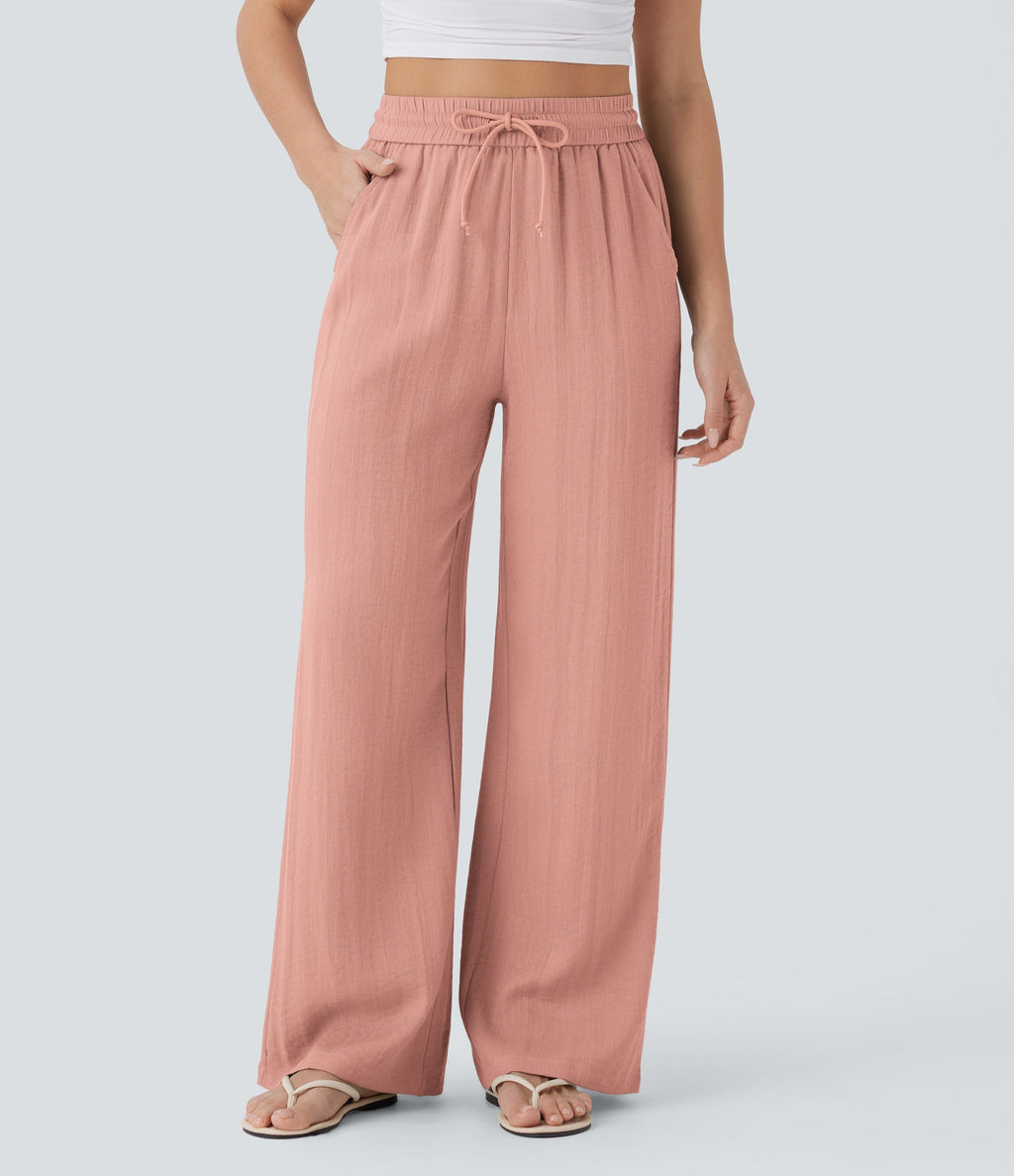 2026🔥 High Waisted Drawstring Pocket Wide Leg Casual Linen-Feel Pants