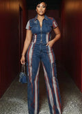 Stripe Print Zipper Top Cargo Pants Denim 2pcs Set-Multicolor [Pre Order]