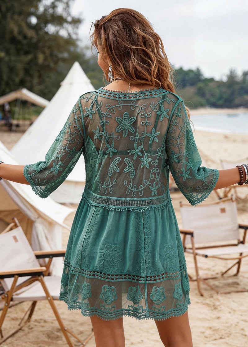 Contrast Lace Bathing Suit Cover Up V-Neck Swimsuit Coverups
