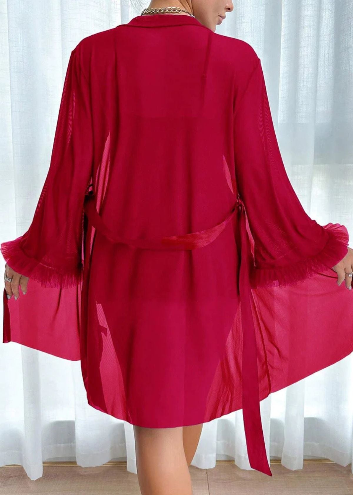 Lace Cami Nightgown & Floral Lace Trim Wide Sleeve Sheer Robe