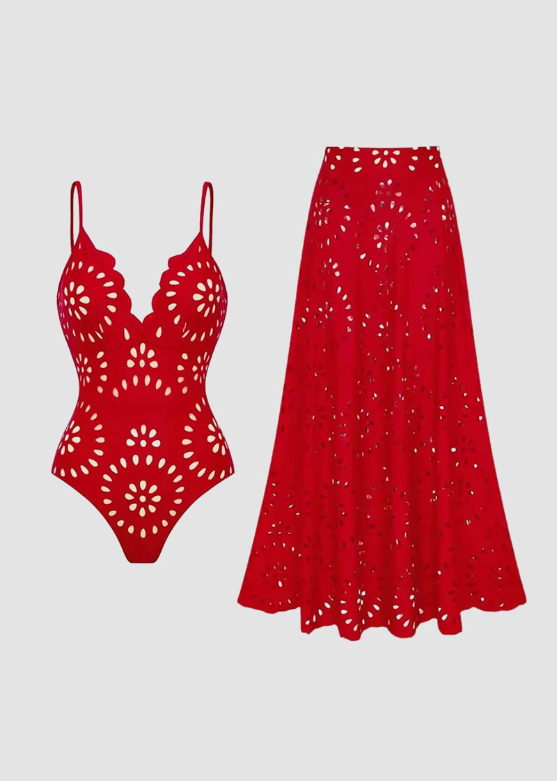 Floral Laser-Cut Hollow One-Piece Swimsuit with Skirt