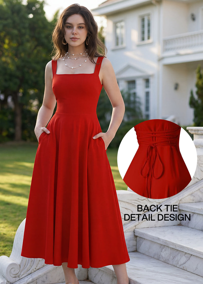 Women's Square Neck Sleeveless Flowy Maxi Dress with Pockets