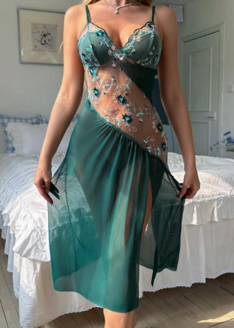 Sexy Sheer Mesh Nightgown – Floral Embroidery Babydoll