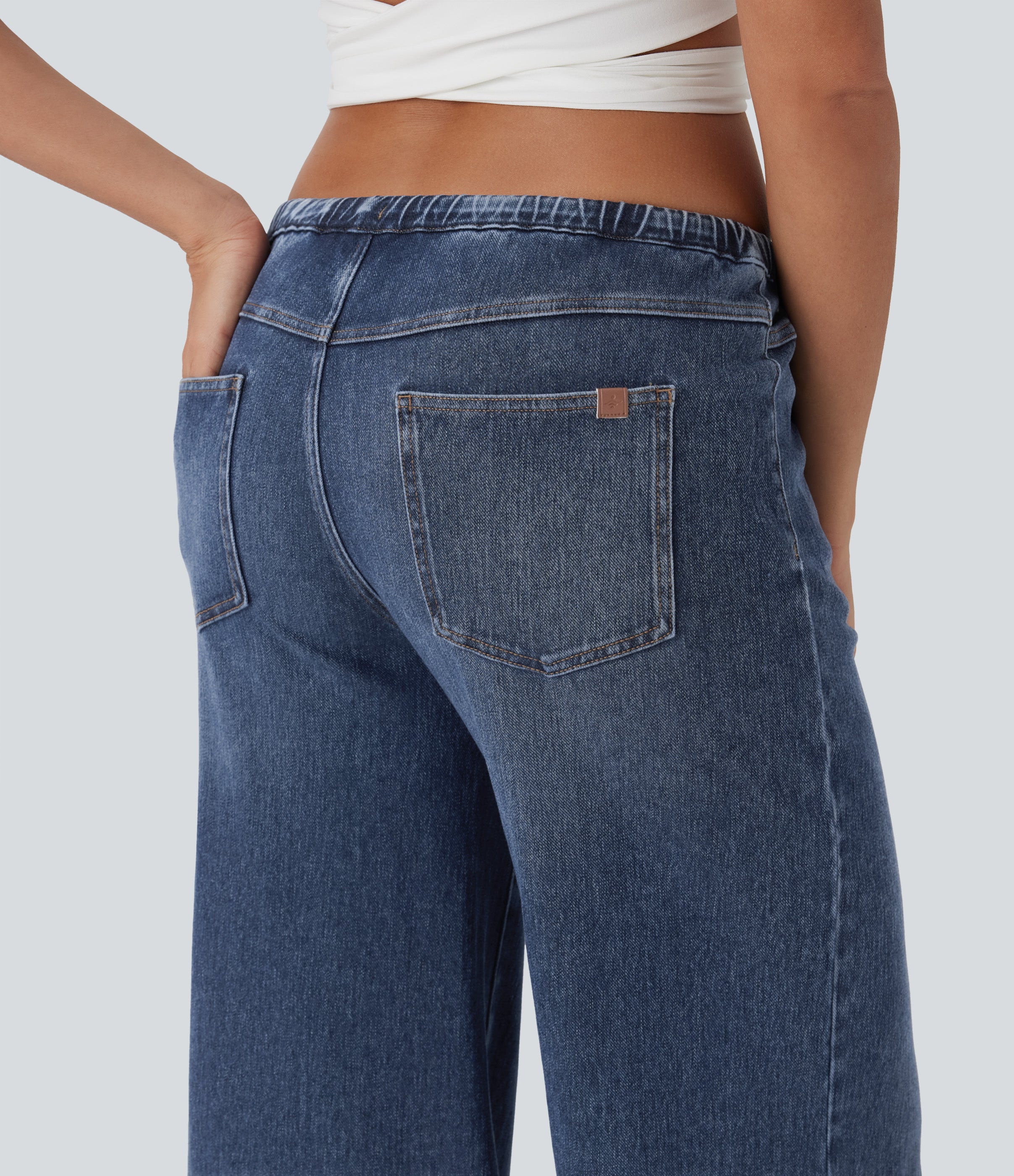 FlexTM Low Rise Drawstring Washed Casual Baggy Jeans with Pockets