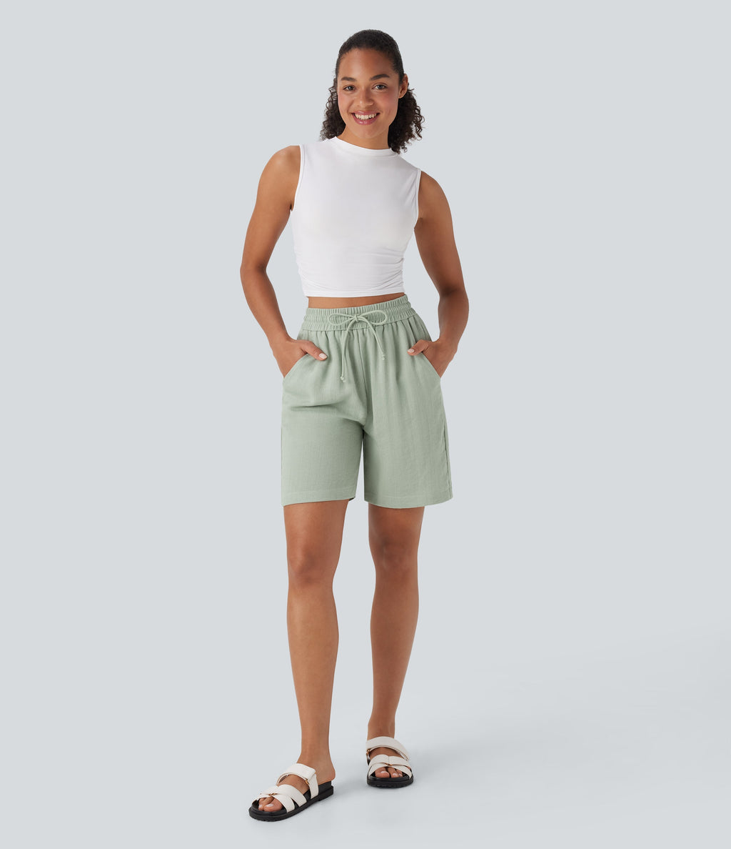 High Waisted Drawstring Casual Linen-Feel Shorts with Pockets