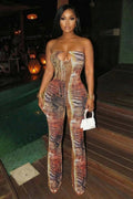 Strapless Cut Out Animal Print Bodycon Party Jumpsuit-Brown
