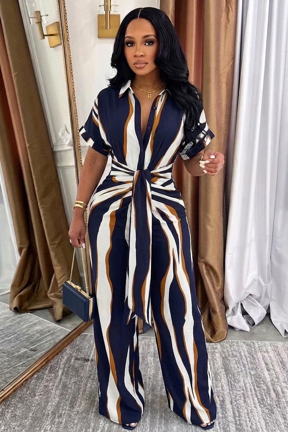 Turndown Collar Short Sleeve Wide Leg Casual Jumpsuit-Multicolor