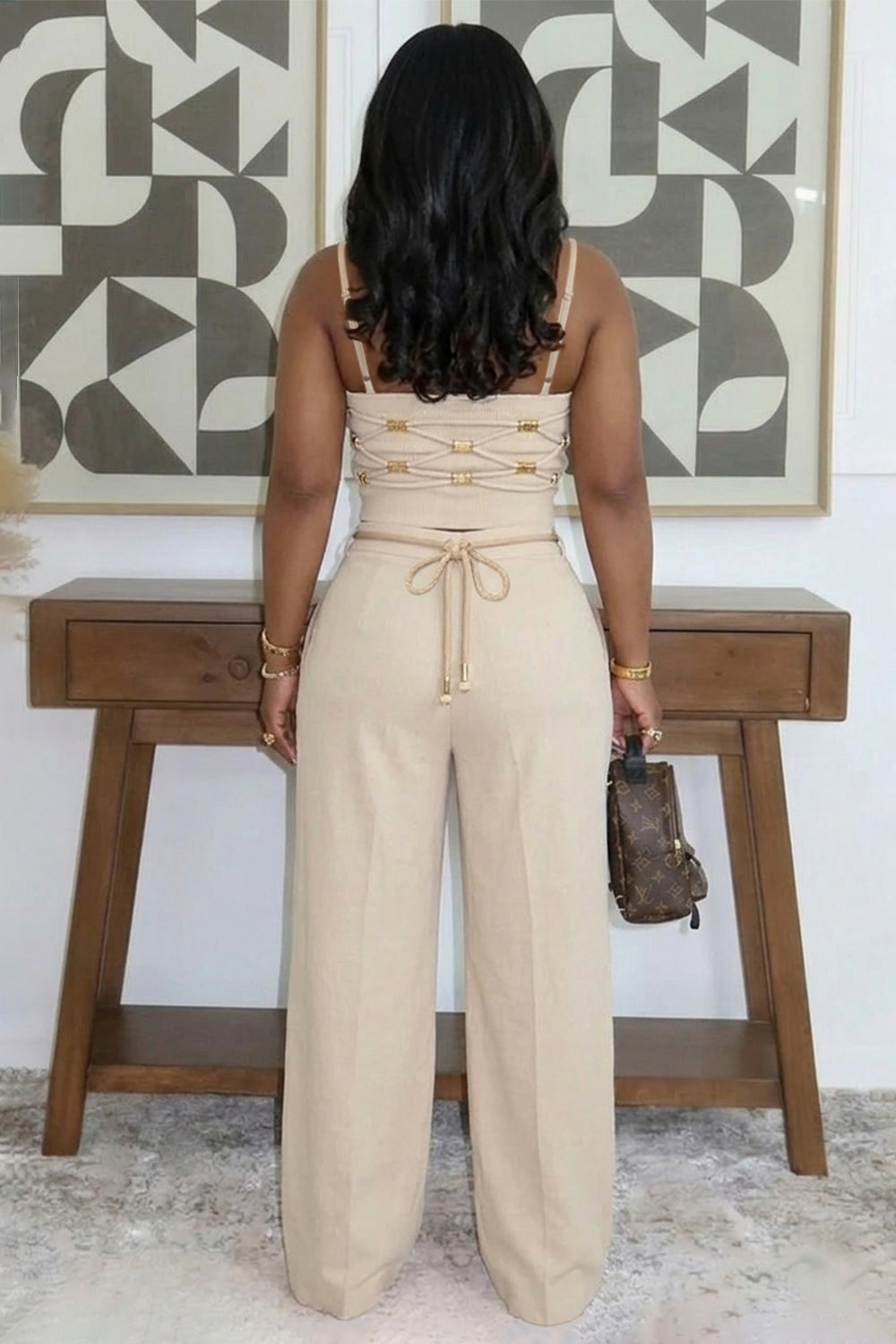 Spaghetti Strap Crop Top Wide Leg Pants Casual 2pcs Set-Beige