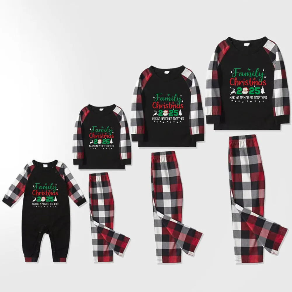 Christmas Family Matching Pajamas-Red and Gray Plaid Pjs set with "Family Christmas 2025" and Santa Pattern Colorful Print