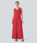 Ribbed Cowl Neck Sleeveless Wide Leg Casual Jumpsuit with Pockets