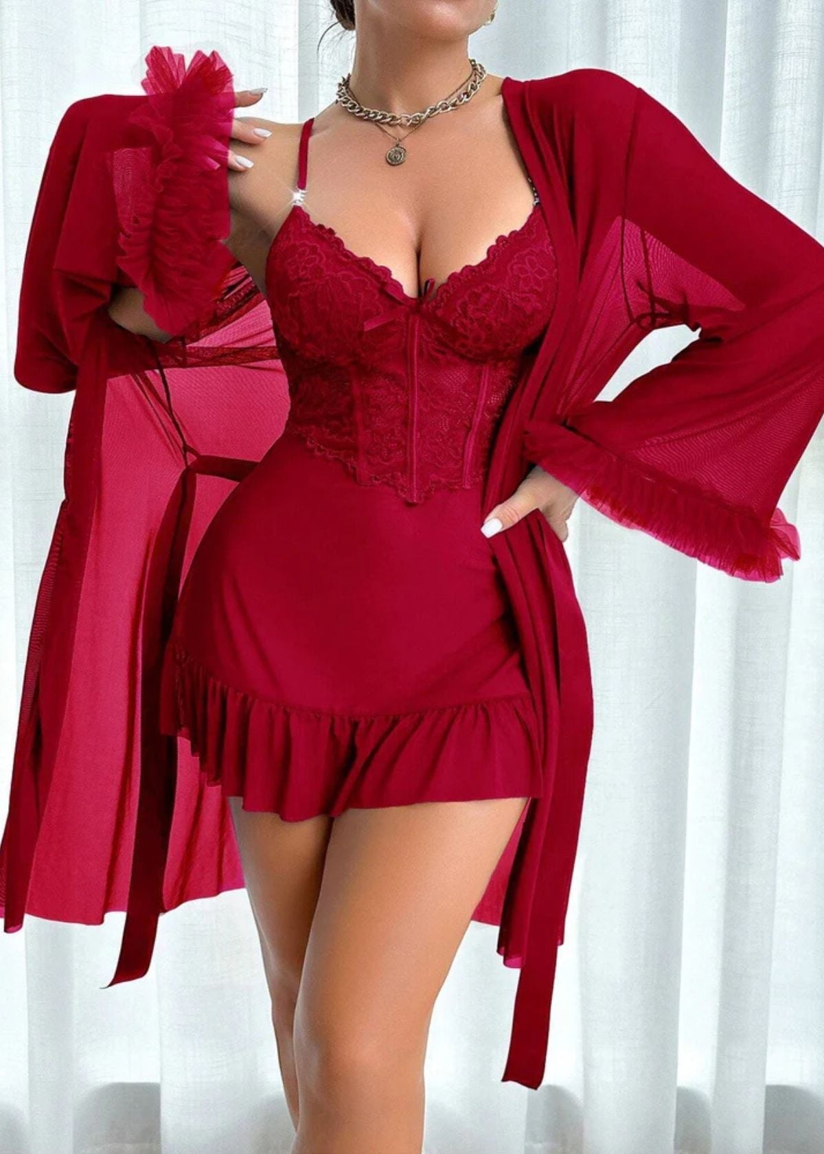 Lace Cami Nightgown & Floral Lace Trim Wide Sleeve Sheer Robe