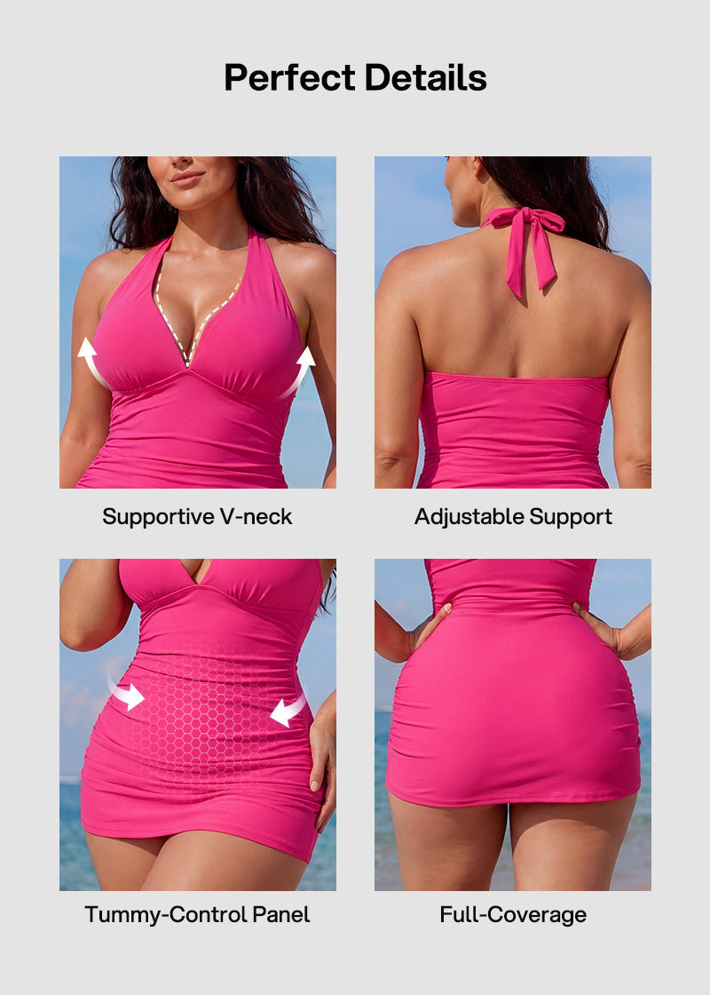 SculptSkin™ BackStage Halter V-Neck Swim Dress