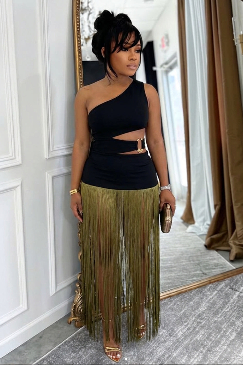One Shoulder Cut Out Colorblock Fringe Party Maxi Dresses-Black